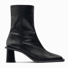 Nwt. Zara Black Leather Block High Heel Ankle Boots. Block Heel. Fitted Upper. Square Toe. Side Zip Fastening. Heel Height: 8 Cm. / 3.1″. Size 6. Ref. 2131/010. Sh 1 White Knee High Boots, Black Lace Heels, Kitten Heel Ankle Boots, Red Leather Boots, Heel Stretch, High Heel Ankle Boots, Zara Heels, High Heel Boots Knee, Buckle Ankle Boots