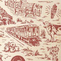 a red and white drawing of a train going down the tracks with animals on it