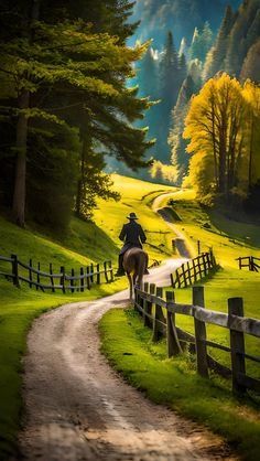 a person riding on the back of a horse down a dirt road next to a lush green hillside