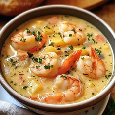 a bowl filled with shrimp and cheese soup on top of a wooden table next to bread