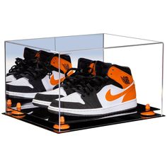 HIGH QUALITY clear acrylic shoe display box BLACK/CLEAR/WHITE/WOOD/TURF acrylic two-tiered base with gold, silver, black, red, white, orange, light blue, purple, green, pink or yellow metal risers; perfect for showcasing two (2) collectible shoes, such as a pair of autographed basketball sneakers, Nike Air Jordan Shoes or other footwear FREE MICROFIBER cleaning cloth included; MIRRORED BACK gives fuller appearance; Memorabilia pictured in the display is not included; mounting screws included for Shoe Display Case, Acrylic Display Box, Nike Air Jordan Shoes, Best Basketball Shoes, Acrylic Display Case, Shoes Free, Wood Acrylic, Shoe Display, Nike Air Jordans