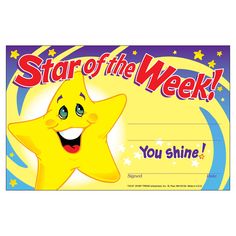 a star of the week certificate with a smiling yellow star on it's back