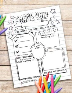 a teacher appreciation thank card with pencils and crayons on the table next to it