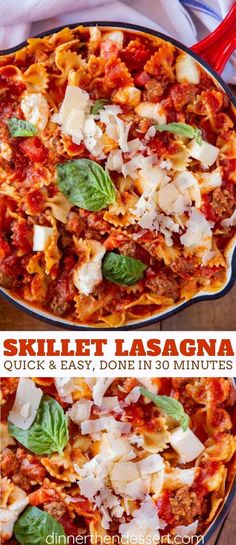 skillet lasagna with meat and cheese in it