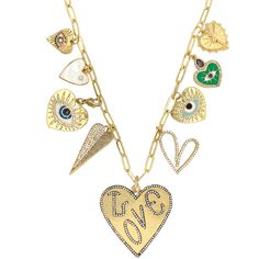 9 Heart & Eye Charms on Paperclip Chain Necklace Yellow & Oxidized Gold Plated Cubic Zirconia Chain: 17-19" Length Jewelry Pictures Ideas, Heart Best Friend, Pave Ear Cuff, Leather Beaded Necklace, Cross Choker Necklace, Triple Layer Necklace, Heart Eye, Best Friend Necklace, Paperclip Chain Necklace