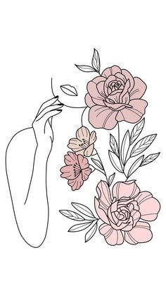 a line drawing of flowers and a woman's face with her hand in the air