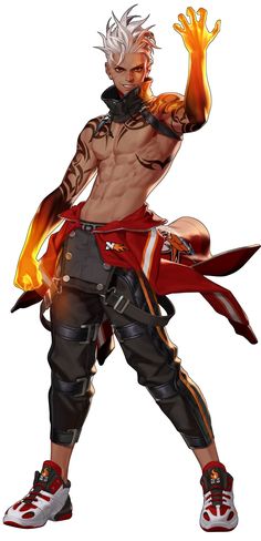 an anime character with white hair and no shirt on, holding his arms out in the air