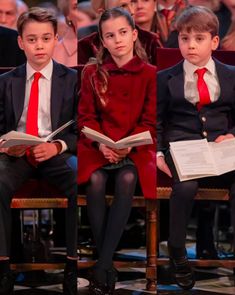 three children in suits and ties are sitting on chairs with their books open while people watch from behind them