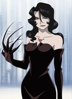 a woman in a black dress holding up her claws