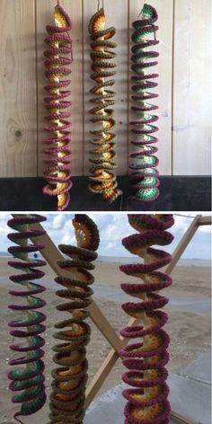 three different types of wind spinners hanging from the side of a wooden structure with text overlay that says, free crochet pattern