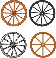 four different types of wooden wheels on a white background stock photo, royalty and illustration