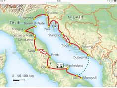 a map showing the route for italy