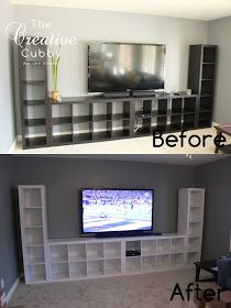 before and after pictures of a living room entertainment center with built in bookshelves