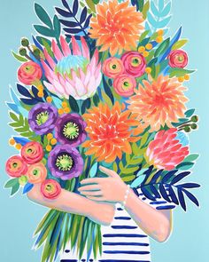 a painting of a woman holding a bouquet of flowers in her hand with blue background