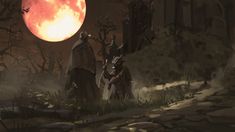 two knights are standing in the woods at night with a full moon behind their backs