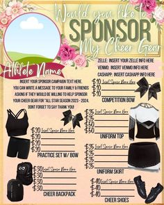 a poster with some clothes on it and the words, would you like to sponsor this cheer team?