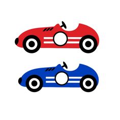 two racing cars side by side, one red and the other blue with white stripes