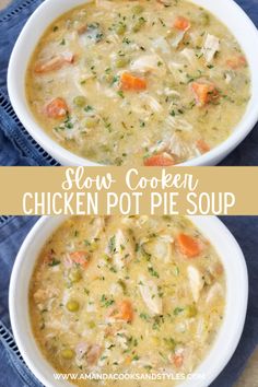 two bowls of slow cooker chicken pot pie soup on a blue towel with the title above it