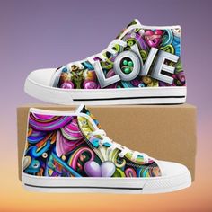 Our Pride Love high tops, inspired by the converse style, are unique, very bright, colourful and vibrant, just as anything for our LGBTQ Community should be. >TRUE TO SIZE< >Women's' Sizes< Wear them with STYLE and have fun! * Canvas upper lining construction with EVA padded insoles. * Complete with metal eyelets and a lace up closure for a classic look. These are NOT converse / vans. They are just inspired by the style. Retro Multicolor High-top Sneakers, Hi Top Converse, Style Converse, Pride Love, Basket Style, Converse Style, Sneakers Womens, Vans Style, Style Sneakers