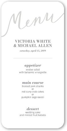 a white menu card with silver foil lettering on the front and bottom, featuring an elegant script