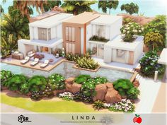 an artist's rendering of a house on the beach with trees and shrubs surrounding it