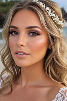 31. Beachside Glow Bridal Look This bridal look is perfect for a sun-kissed, beachside wedding. The makeup emphasizes a glowing, radiant complexion with warm bronzy tones that highlight the bride's natural beauty. Soft Glam Makeup For Bride, Beach Bride Makeup Blue Eyes, Rust Wedding Makeup, Natural Makeup For Bride Wedding Day, Natural Makeup Look For Bride, Bridal Makeup Bronze Glow, Sun Kissed Bridal Makeup, Elegant Wedding Makeup Looks