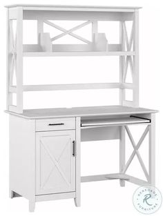 a white desk with a hutch on the top and drawers below it, in front of a white background