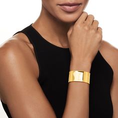 Ross-Simons - Italian 14kt Yellow Gold Wide Cuff Bracelet. 8". A minimalist design. A substantial silhouette. A phenomenal shine. This 1 1/8" cuff bracelet was crafted in Italy from brightly polished 14kt yellow gold. Flexible fit. Slip-on, 14kt yellow gold cuff bracelet. Modern Gold Open Cuff Jewelry, Modern Yellow Gold Wide Band Bracelet, Modern Gold Cuff Jewelry, Modern Gold Bangle For Formal Occasions, Modern Gold Formal Bangle, Modern Yellow Gold Cuff Bracelet With Shiny Finish, Modern Shiny Yellow Gold Cuff Bracelet, Modern Evening Cuff Bracelet Bangle, Gold Modern Cuff Bracelet For Formal Occasions