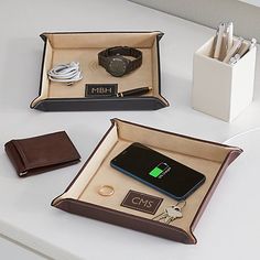 Wireless Charging Catchall | Personal Creations Best Groomsmen Gifts, Unique Anniversary Gifts, Leather Organization, Birthday Gifts For Teens, 18th Birthday Gifts, Men Gifts, Personal Organizer, Groomsmen Gifts, 50th Birthday Gifts