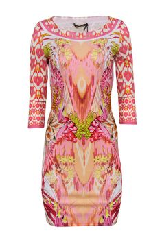 Current Boutique-Roberto Cavalli - Pink & White Floral Print Sheath Dress Sz 4 Stretch Mini Dress With Floral Print, Fitted Printed Mini Dress For Spring, Long Sleeve Multicolor Print Party Dress, Patterned Printed Mini Dress, Chic Sheath Dress With Floral Print, Feminine Stretch Mini Dress With Floral Print, Elegant Printed Sheath Dress, Elegant Sheath Printed Dresses, Long Sleeve Party Dress With Vibrant Print