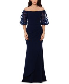 XSCAPE Petite Off-The-Shoulder Balloon-Sleeve Mermaid Gown - Macy's Balloon Pattern, Xscape Dresses, Evening Dress Collection, Flower Sleeve, Trumpet Gown, Floral Sleeve, Mermaid Gown, Gowns With Sleeves, Review Dresses