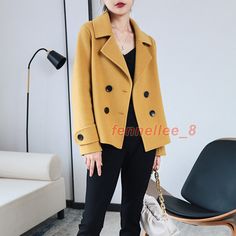 Women's Double-Sided Woolen Coat Short Autumn Double Breasted Casual Jacket | eBay Yellow Winter Outerwear With Button Closure, Casual Yellow Winter Blazer, Casual Yellow Blazer For Winter, Yellow Long Sleeve Outerwear For Office, Yellow Winter Outerwear For Work, Fall Yellow Blazer With Button Closure, Yellow Winter Workwear Outerwear, Yellow Blazer With Button Closure For Fall, Trendy Yellow Blazer For Fall