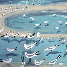 a painting of seagulls and birds in the water on a beach with sand