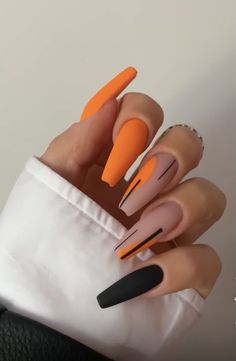 Orange Nails Coffin Long, Neon Black Nails Designs, Nails Acrylic Coffin Fall 2023, Long Fall Nails 2023, Short Fall Nail Designs 2023, Nails October 2023, Matte Acrylic Nails Design, Yellow And Black Nails Design, Cute Acrylic Nails For Fall