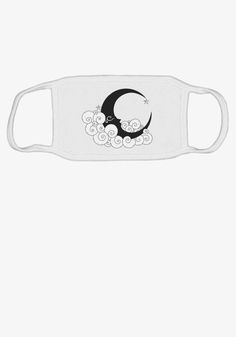 a white face mask with an image of a crescent and clouds on the front, against a white background