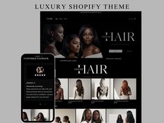 the luxury shopify theme is displayed on an iphone and laptop screen, with multiple images of women's hair