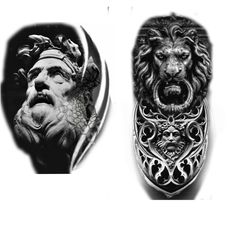 two black and white images of lions, one with a beard