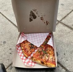 two slices of pizza in a box on the ground