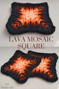 two crocheted squares with orange and black designs on them, one in the shape of a square