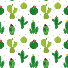 seamless pattern with green cactuses and stars on the white backgroung