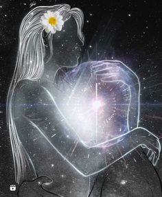 a drawing of a woman holding a flower in her hand with stars and light coming out of the background