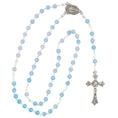 This blue zircon-beaded rosary makes a fantastic baptism or First Communion gift! A perfect religious gift for a December birthday, this high-quality rosary will be a treasured keepsake for years to come. Check out more birthstone gifts and religious gifts elsewhere on this website. Metal. 18 3/4" Blue Spiritual Rosary With Gemstone Beads, Spiritual Blue Rosary With Gemstone Beads, Blue Gemstone Beads Rosary For Spiritual Use, Blue Rosary With 8mm Beads For Healing, Blue Rosary With Round Beads For Gift, Blue Cross Rosary As Gift, Blue Cross Rosary For Gift, Blue Spiritual Jewelry For First Communion, Blue Rosary With Round Beads For Healing