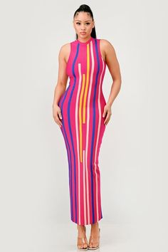 Discover the "Sunset Boulevard Maxi," a captivating blend of bold colors and sleek design that pays homage to the vibrant spirit of LA's iconic street. This dress boasts a stunning sleeveless silhouette with a high neckline that accentuates the elegance of the shoulders. The elongated, bodycon fit is a canvas for the striking vertical stripes, transitioning from deep pink to electric blue with vibrant yellow highlights, evoking the mesmerizing streaks of a California sunset. Perfect for the fash Yellow Highlights, Sunset Boulevard, California Sunset, Pink Maxi, Deep Pink, Vertical Stripes, The Sunset, High Neckline, Bold Colors