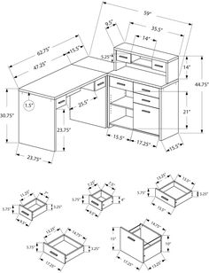 the drawing shows an office desk with drawers and shelves, as well as measurements for each drawer