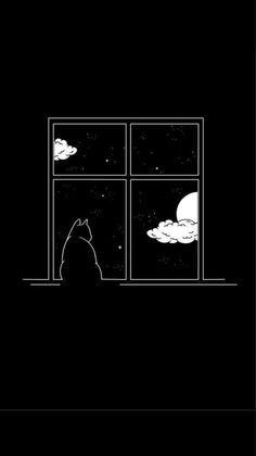 a black and white drawing of a cat looking out a window at the night sky