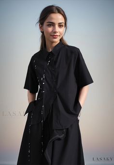 Lasaky - Irregular Loose Fit Shirt with Contrasting Colorful Ribbons Loose Fit Shirts, Black F, Cardigan Outfits, Style Cardigan, Loose Blouse, Black Cardigan, Olivia Mark, Types Of Collars, Contrasting Colors