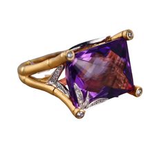 ~ Just purchased inventory of a high end boutique in Europe. All Carrera items are brand new/old stock, with tags removed for photographing. Current retails are significantly higher than noted on tags. Come with box and COA card ~ An 18k yellow gold ring by Carrera y Carrera, set with an amethyst and 0.42ct of G/VS diamonds. Current retail is €11,290. DESIGNER: Carrera y Carrera MATERIAL: 18k Yellow Gold GEMSTONES: Diamond, Amethyst DIMENSIONS: Size 7.5. Top is 22mm x 18mm MARKED/TESTED: CyC, Serial Number, 750 WEIGHT: 16.7 grams CONDITION: New; Old Stock. Comes with Packaging. Luxury Purple Amethyst Rectangular Ring, Luxury Amethyst Ring With Gemstone Accents As Gift, Luxury Purple Amethyst Ring, Rectangular Shape, Luxury Purple Rectangular Amethyst Ring, Luxury Amethyst Diamond Ring For Gift, Luxury Amethyst Ring For Anniversary, Luxury Rectangular Amethyst Ring, Elegant Rectangular Amethyst Ring For Formal Occasions, Luxury Polished Amethyst Ring For Wedding