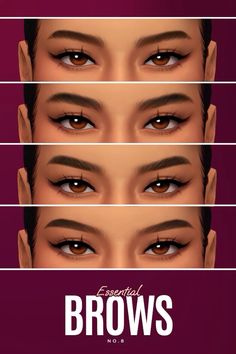 four different types of eyes with the words essential brows on them, and three rows of eyebrows