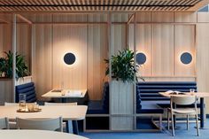 an empty restaurant with wooden walls and blue chairs, potted plants on the tables