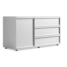 a white cabinet with three drawers on wheels